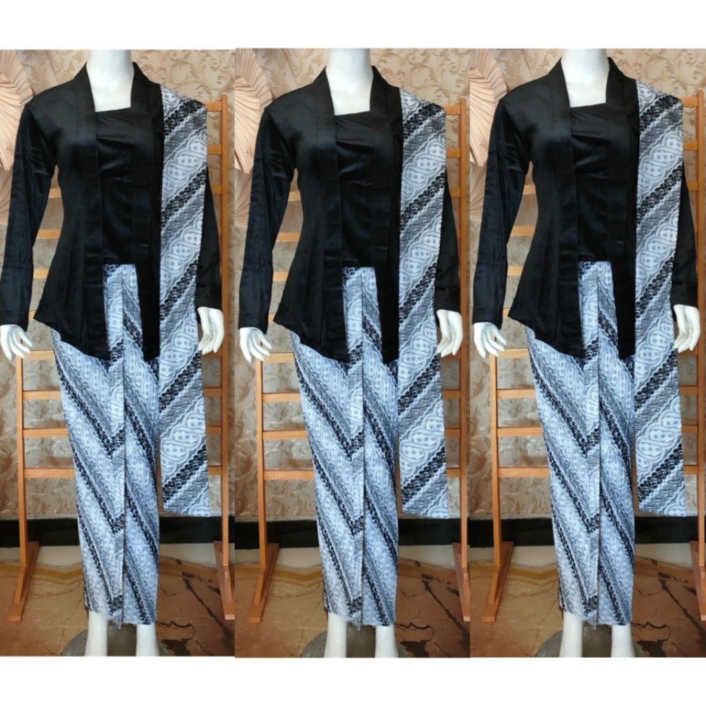 Setelan Kebaya Kutubaru Bludru Warna Hitam/Kebaya+Selendang+Jarik Wiru Plisket Motif Sodan Putih