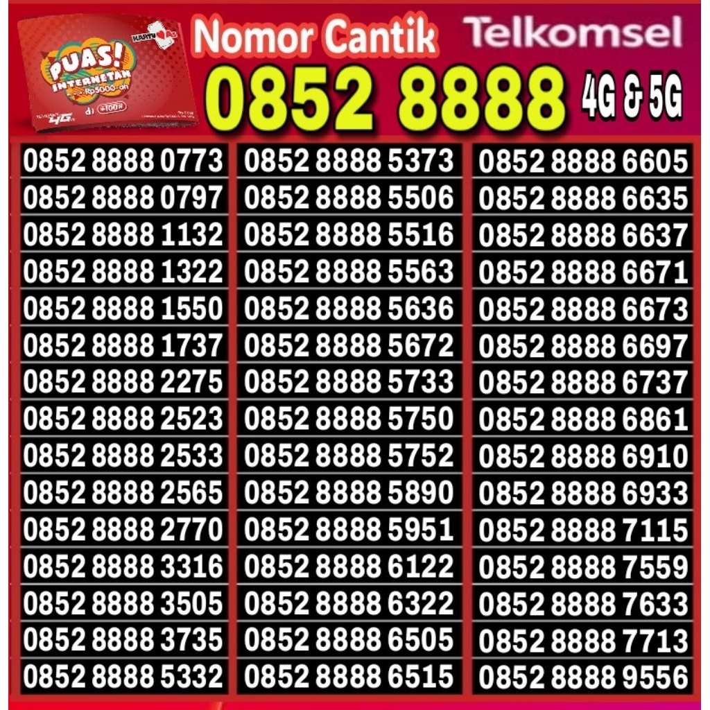 NOMOR CANTIK TELKOMSEL AS 4G LTE 8888 - O852 8888