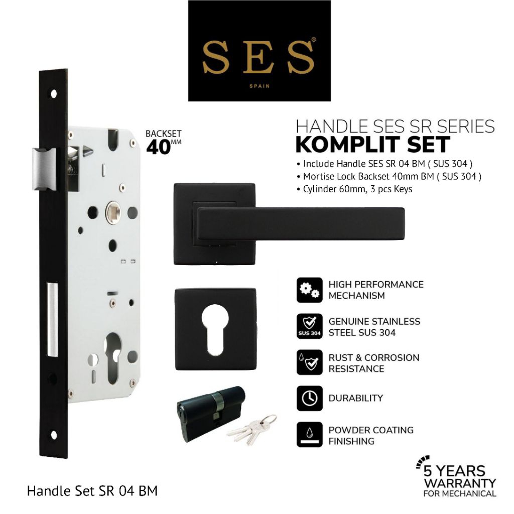 SES Handle Gagang Pintu Set SES SR 04 BM + Body Kunci SES ECO E2030 - 40mm BM