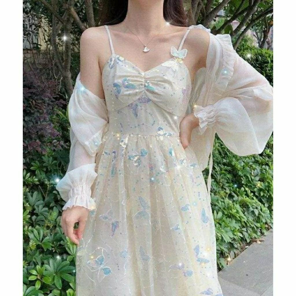 OVERALL FAIRY SEQUIN BUTTERFLY WHITE DRESS TILE BLINK KUPU KAWAII KOREA CHINA