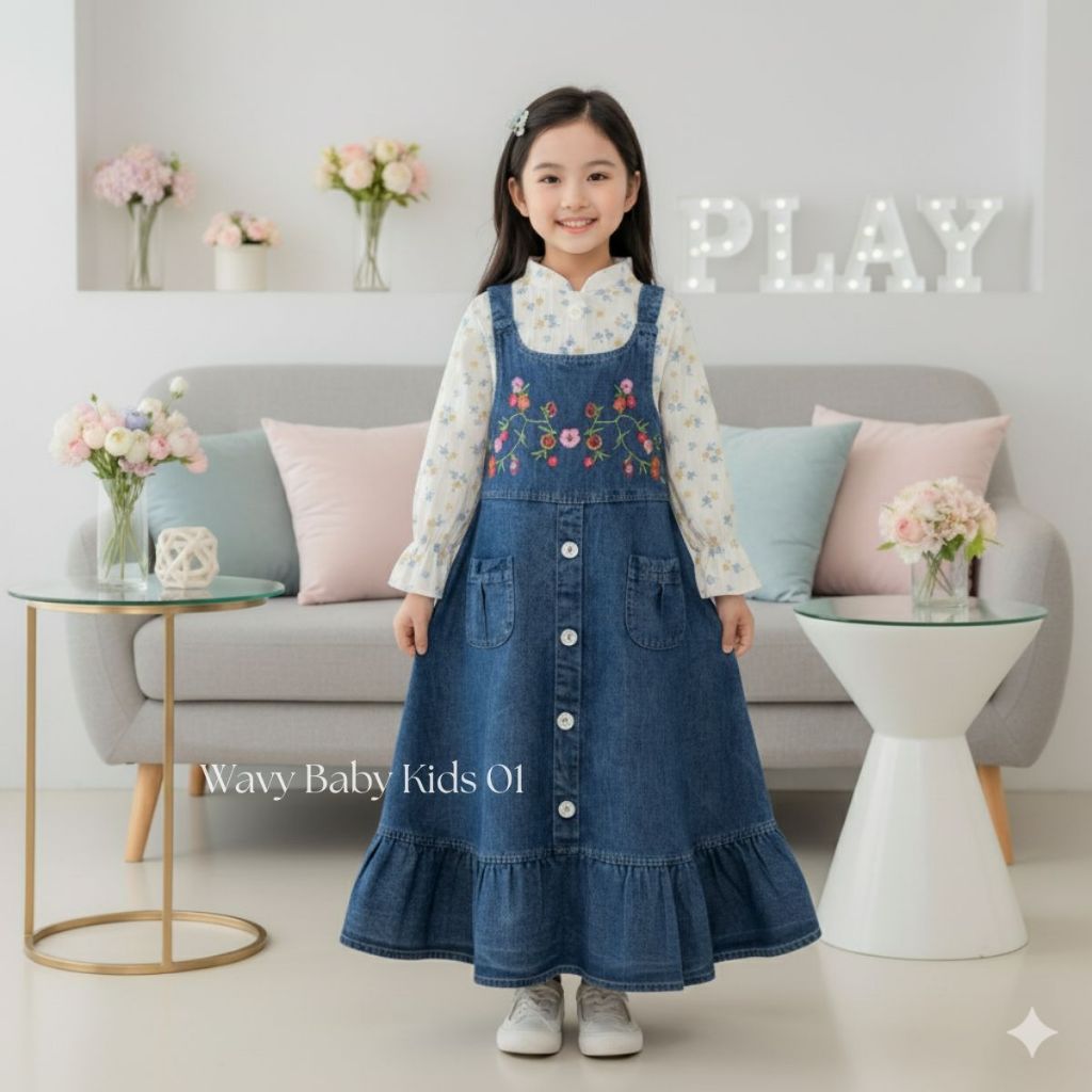 Gamis Anak Perempuan Jeans Bordir Bunga Mewah Overal Jeans Elora Bordir Bunga Anak Perempuan 3-10 Ta