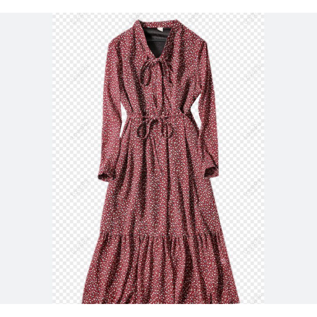 Baju Wanita Long Dress Motif Bunga Merah Maroon