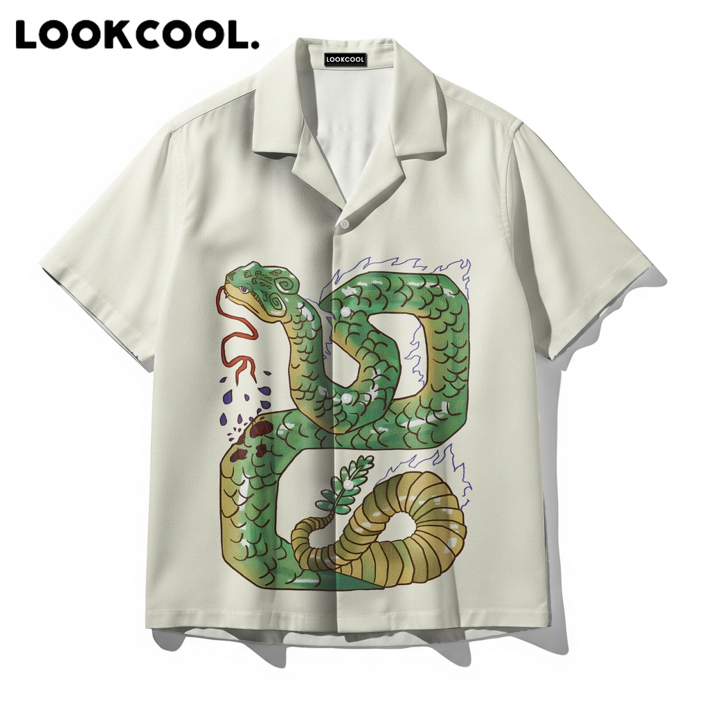 LOOKCOOL Kemeja Pria Motif Ular Hijau Tattoo Casual Pendek Premium