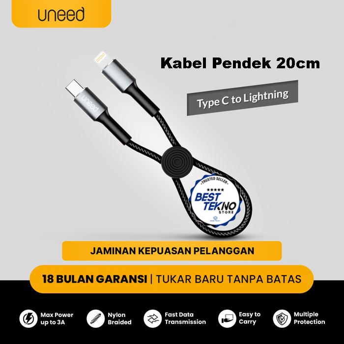 Kabel Pendek 20cm UNEED UCB60Ci Cable Data USB Type C to Lightning iPhone Fast Charging PD 30W QC