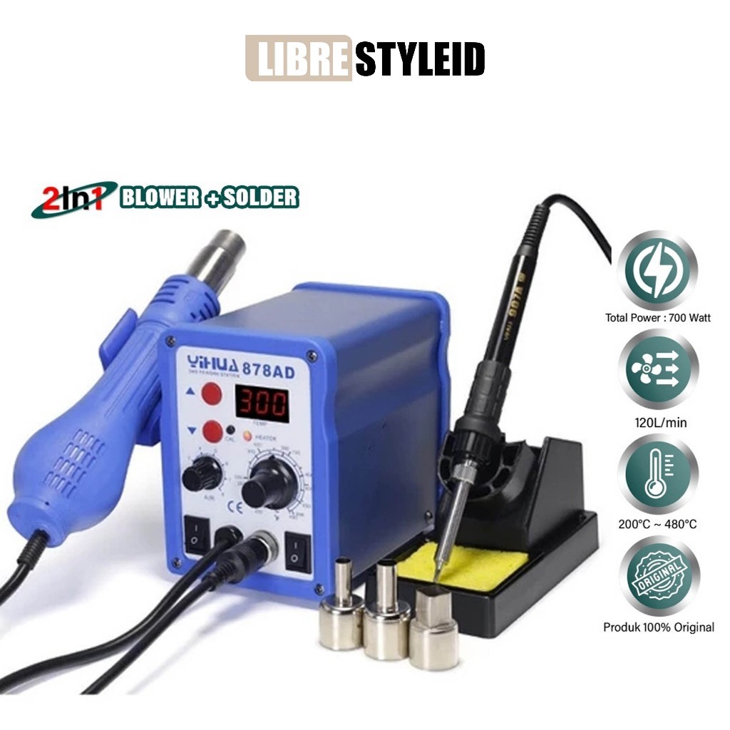 YIHUA 878AD Rework Station 2 in 1 – Hot Air Blower + Solder Iron Original