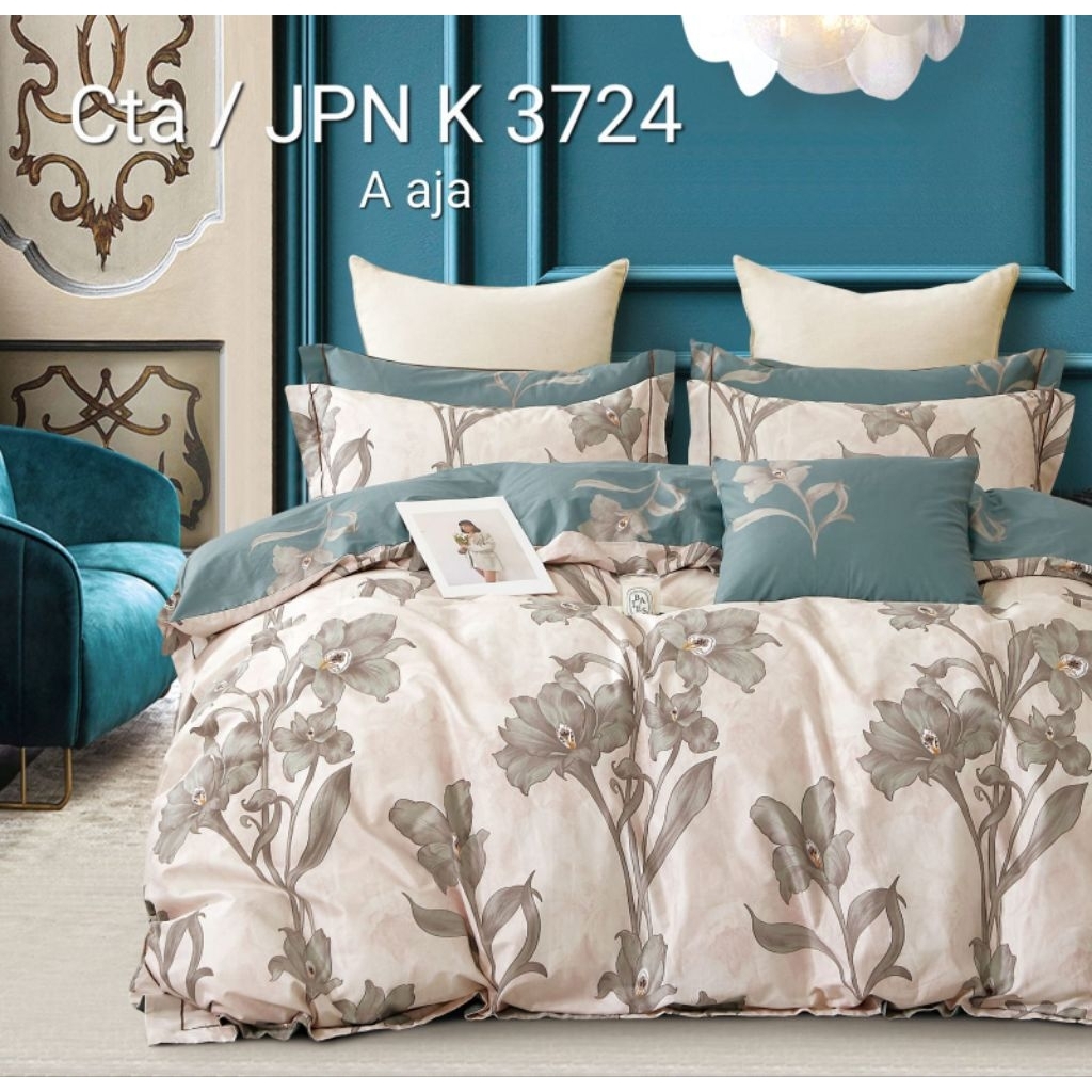 Katun Jepang, Set Sprei Anti Geser dan Bedcover / Quiltcover dengan Kode K3724 grey flower