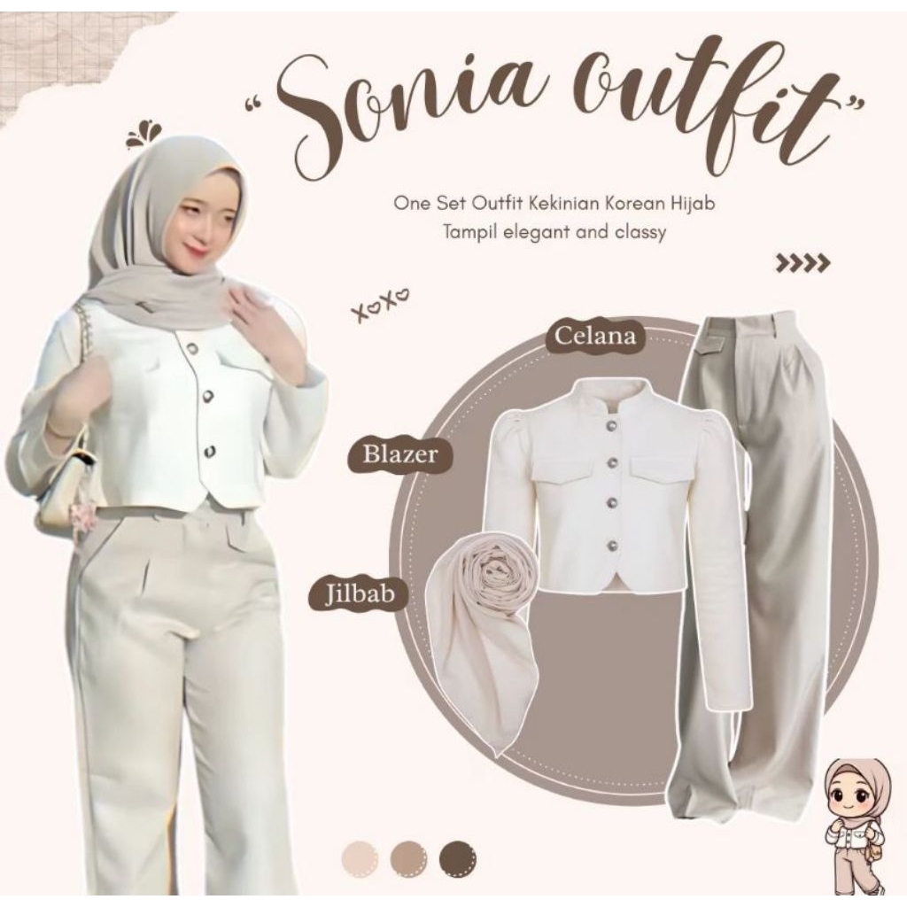 One Set Ootd 3in1 / Outfit Main / Outfit Nongkrong (Blazer + Hijab Paris + Celana Kulot ) Setelan Wa