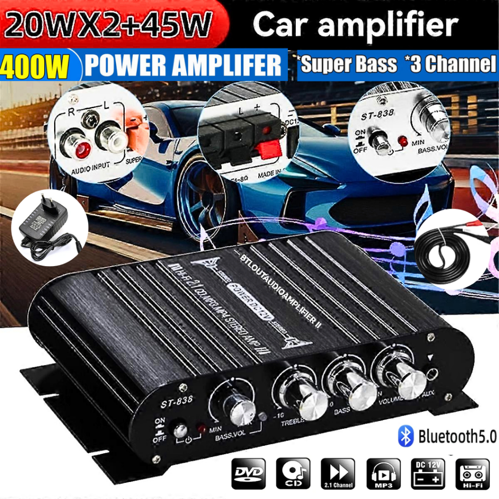 LVPIN Ampli Karaoke Rumahan Mini HiFi StereoTreble Super Full Bass Booster 12V Set Lengkap+Adaptor+K