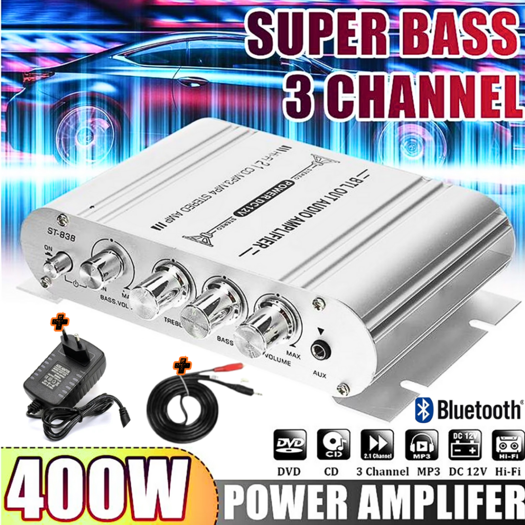 CLAITE Amplifier Ampli Mini Karaoke Rumahan Super Bass12 Volt  HiFi Stereo Treble Booster Set Lengka