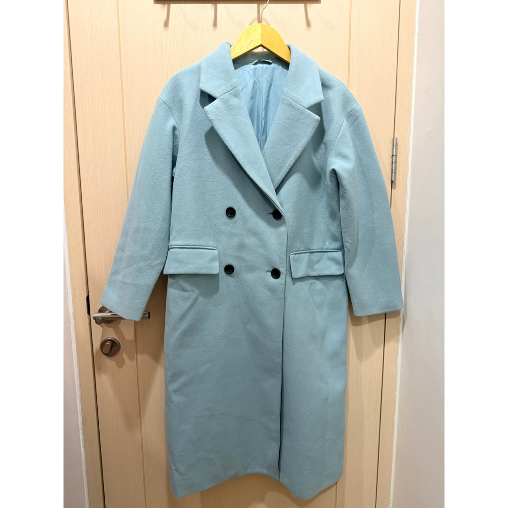 GU by UNIQLO winter coat wool long biru langit sky blue