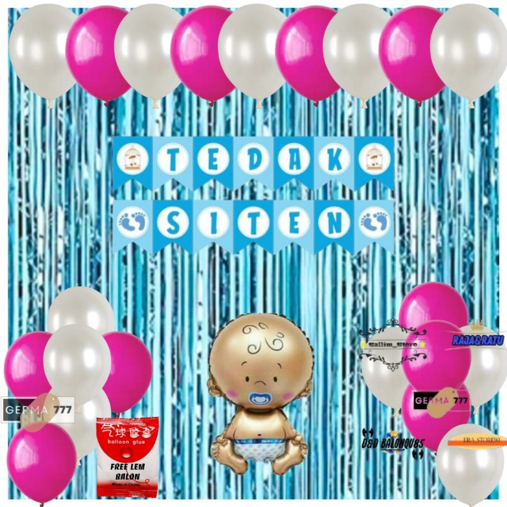 Set Dekorasi Pesta Balon Banner Tedak Siten Biru Bayi Cewek Cowok
