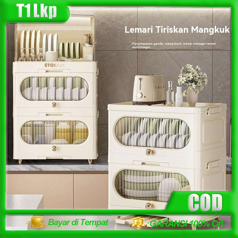 Lemari Rak Piring dengan Penutup – Rak Dapur Estetik Anti Debu & Siap Pakai Bahan Plastik Tahan Lama