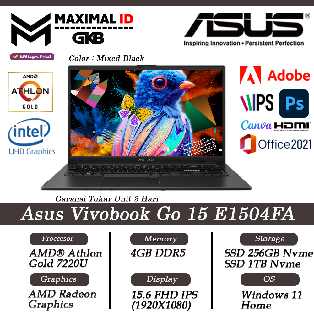 Laptop Asus Vivobook E1504GA AMD Athlon Gold 7220U 4GB DDR5 256GB SSD FHD Windows11
