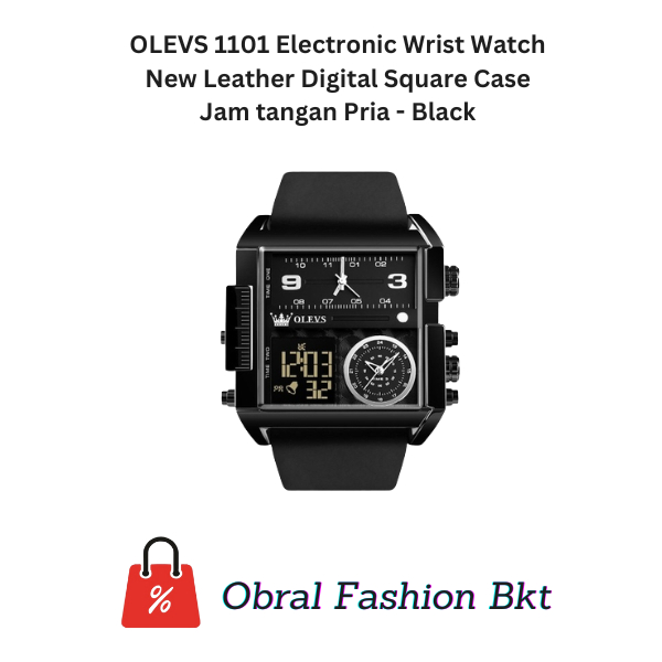 OLEVS 1101 Electronic Wrist Watch New Leather Digital Square Case Jam tangan Pria - Black