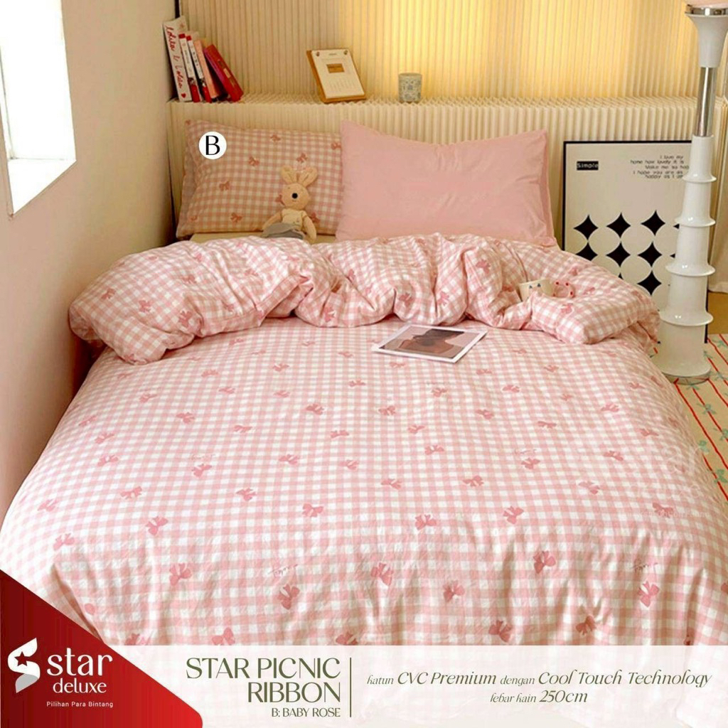 (COD) Ziby - Sprei Set Motif Star Picnic Ribbon Sprei Anti Geser | Sprei Anak | Sprei dewasa | 90x20