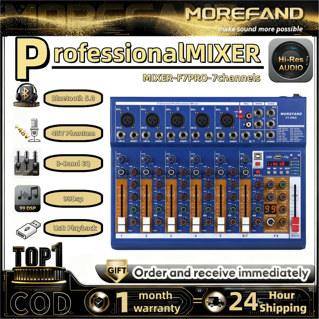 Mixer Audio F7-PRO 7 Saluran - 99 Efek DSP, Bluetooth 5.0, Daya Phantom +48V, Rekaman USB, OTG untuk