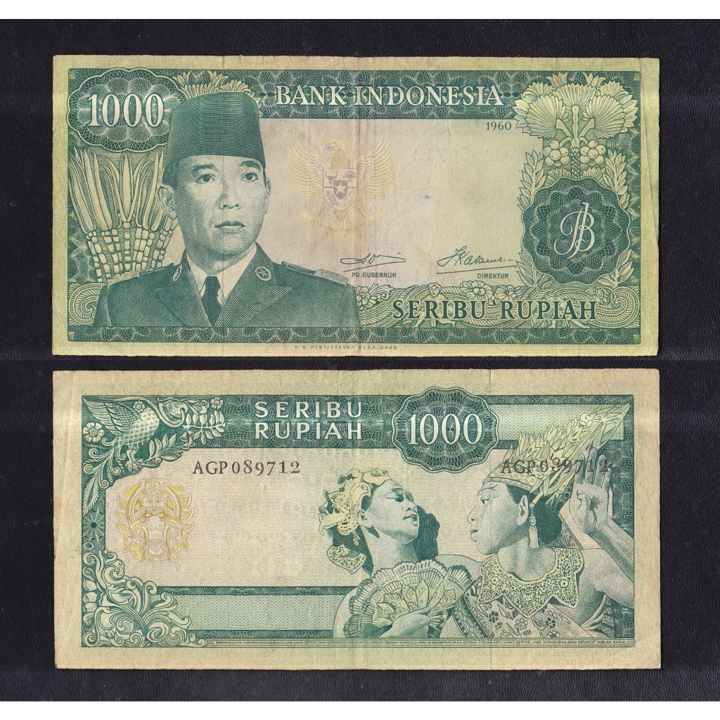 Uang kuno 1000 rupiah seri Sukarno tahun 1960 S/N AGP089712