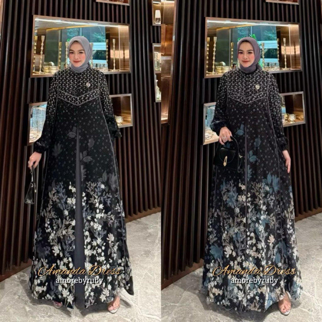 AMANDA DRESS AMORE BY RUBY GAMIS MOTIF BUNGA LIPIT BUKA PINTU BUSUI FRIENDLY BAHAN CREPE ADEM FLOWY 
