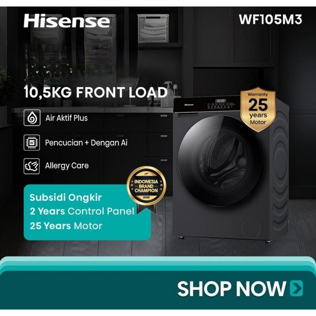 HISENSE MESIN CUCI FRONT LOADING ACTIVE WATER PLUS 60' WASH DRY-AI+WASH+ALLERGY CARE+DRUM CLEAN WF10