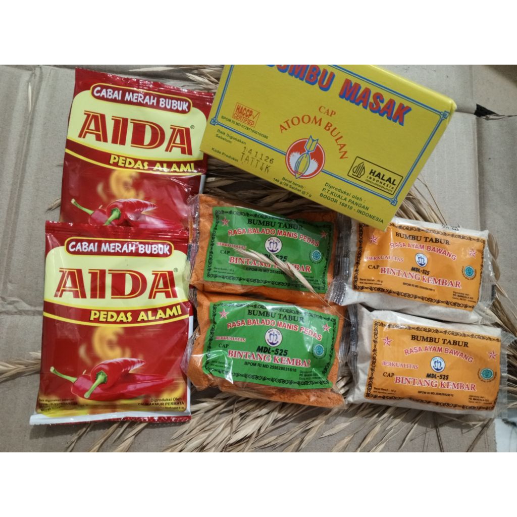Niraw Bumbu Masak Atom Cap Bulan 1 dus Bumbu Tabur rasa Ayam Bawang Cap Bintang Kembar 2 pcs Balado 