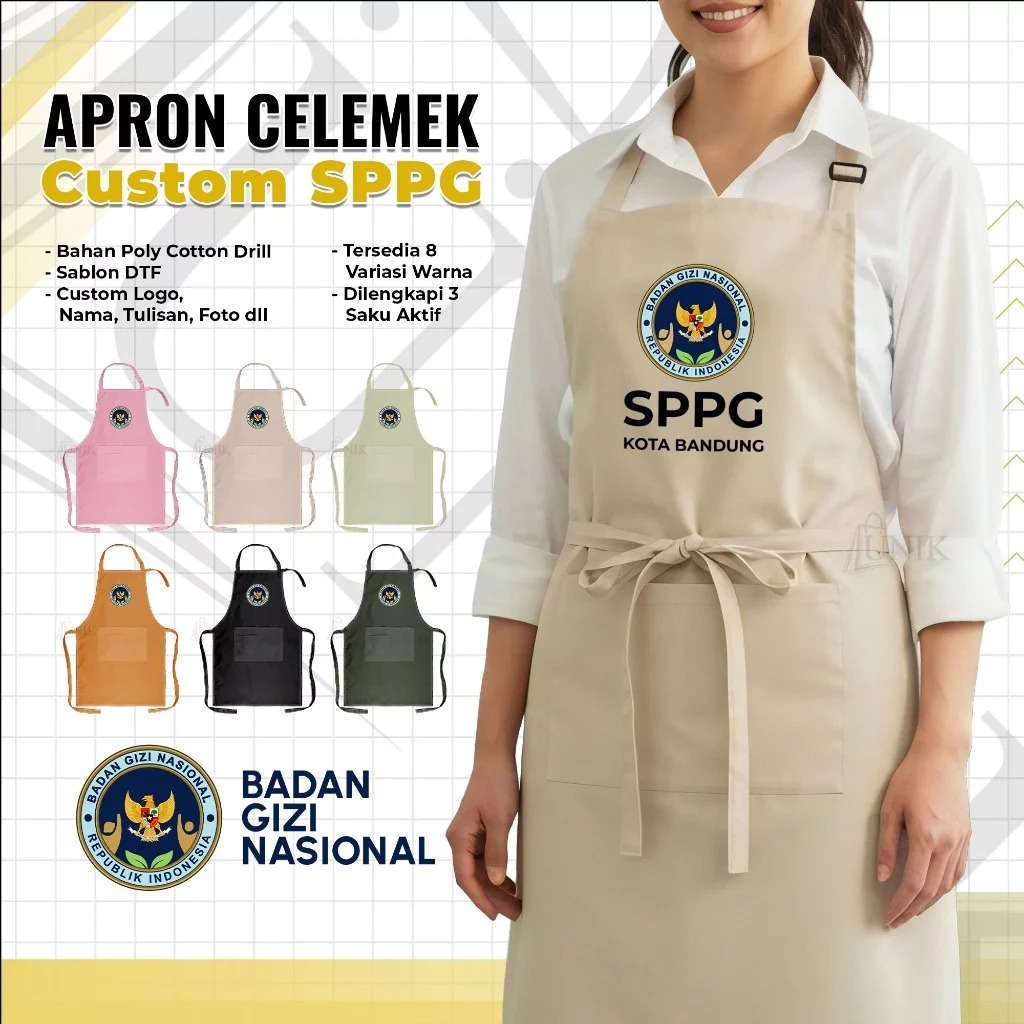 Celemek Apron Custom Desain Sablon DTF SPPG Badan Gizi Nasional Celemek Seragam BGN