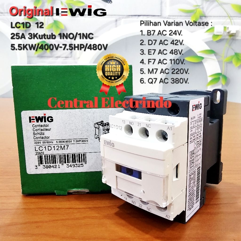 Kontaktor Original EWIG LC1D 12 25A 3 Kutub 1NO/1NC 5.5KW/400V 7.5HP/480V.