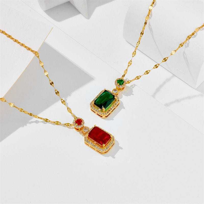 Kalung Liontin Permata Batu Ruby Merah Titanium / Kalung Wanita Fashion Batu Ruby