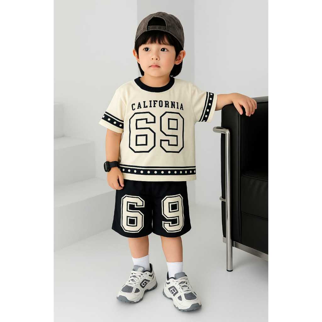 Setelan Anak ALLSPORT & CALIFORNIA–Kaos Cotton Combed + Celana Motif Angka 77/69–Model Sporty Unisex