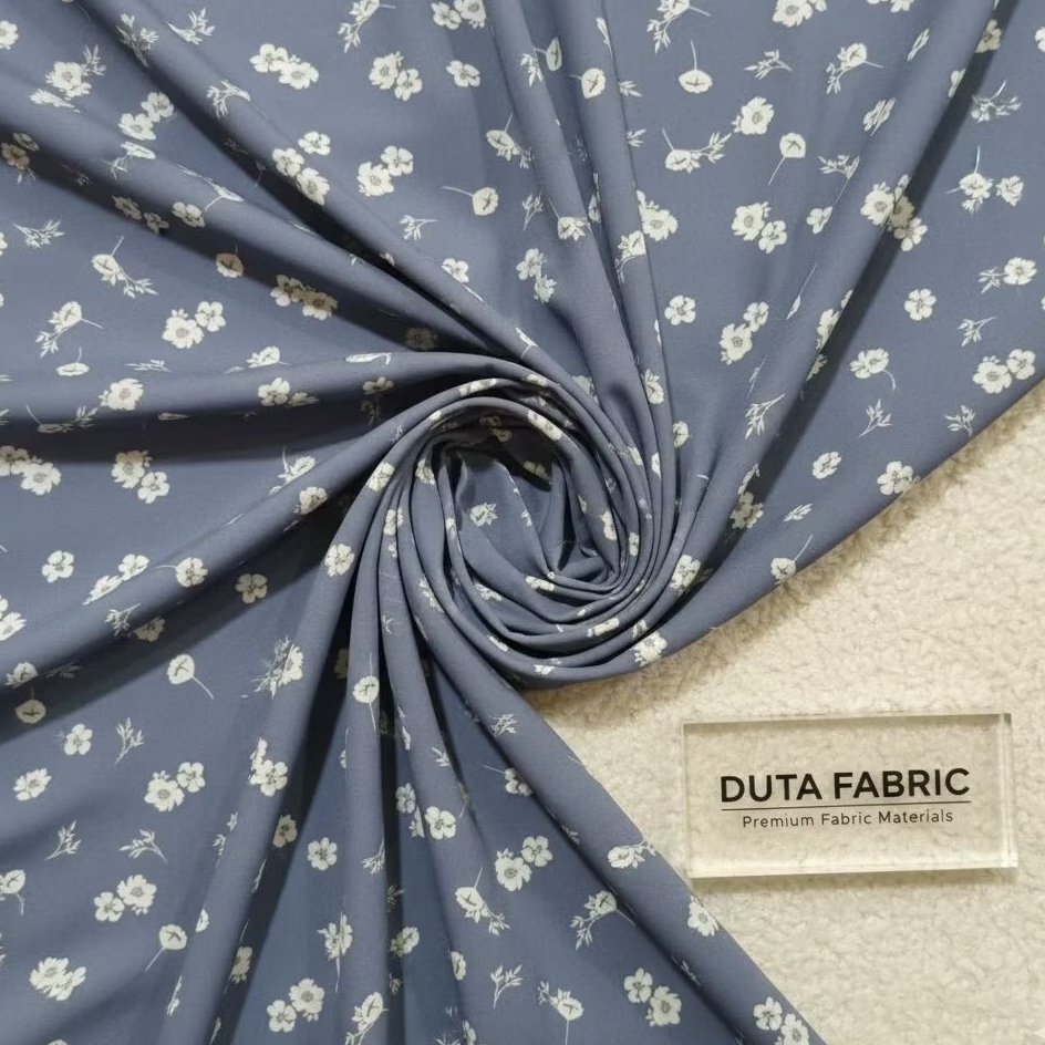 Kain Zara Crepe Motif Bunga Kecil Putih - Dusty Blue (Harga Per 0,5)LQ