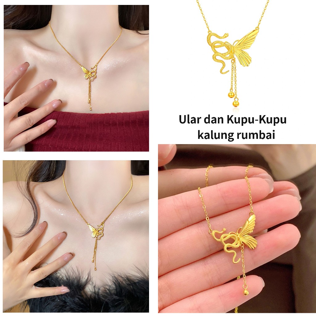 Kalung Wanita / Kalung Rumbai Ular Kupu Kupu Emas - Kalung Anti Karat - Liontin Rumbai Kupu Lapis Em