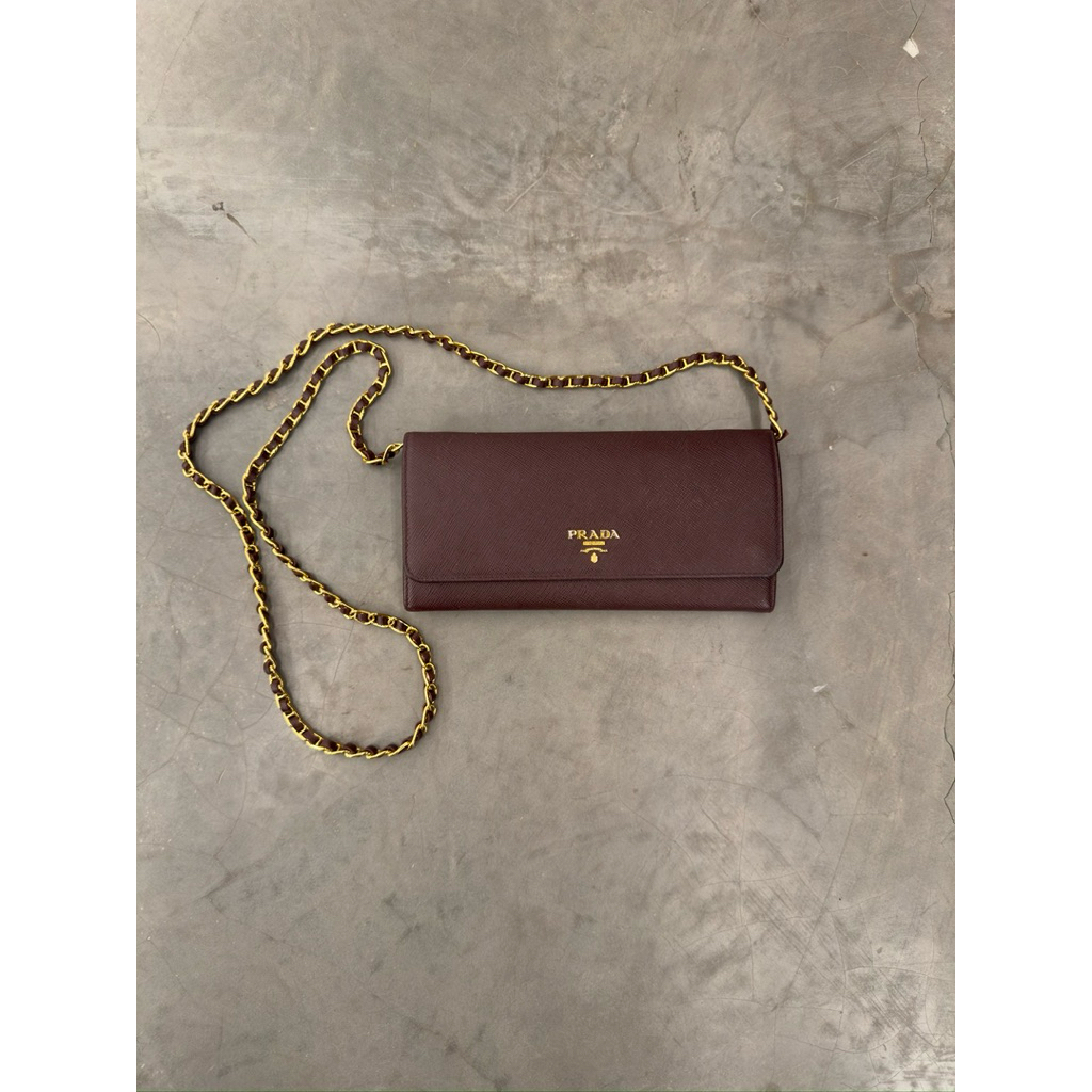 PRADA Saffiano Maroon Leather Wallet with Chain