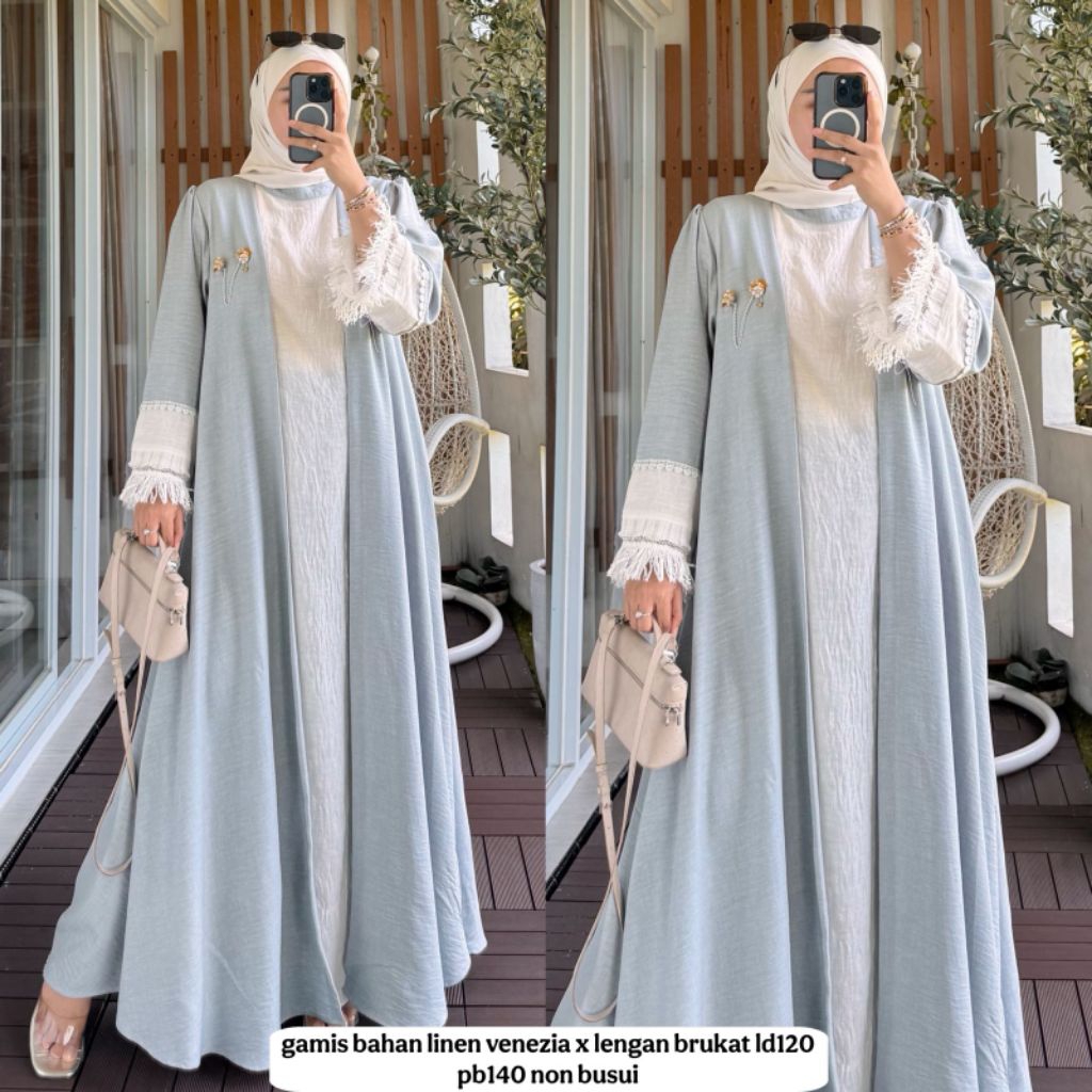 AVR Sabira Dress Warna Baby Blue Bahan Linen Venezia Gamis Wanita Muslim