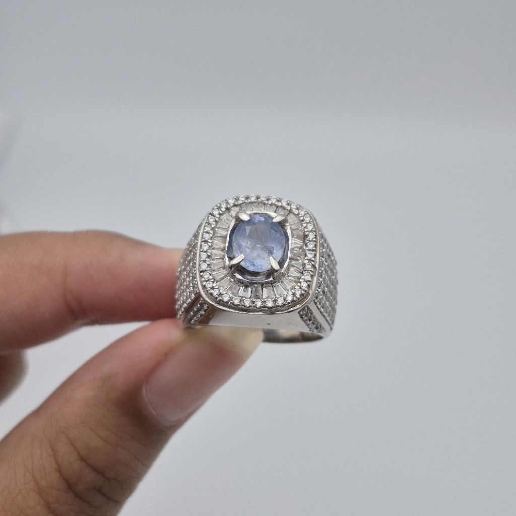 Cincin perak batu Natural Blue Sapphire Srilanka No Heat, ukuran jari bisa disesuaikan (freesize), n
