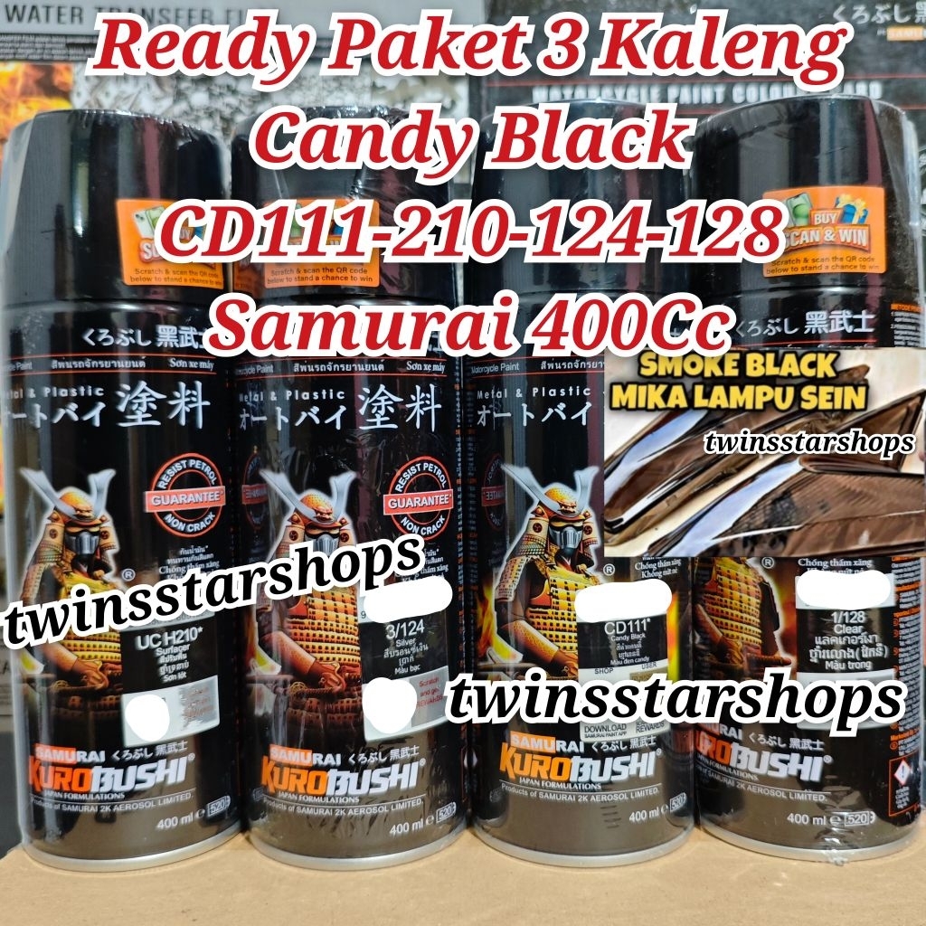 Pilok Pylox Cat Samurai Paket 4 Kaleng Candy Black CD 111 Hitam Epoxy Surfacer 210 Silver 124 Silper