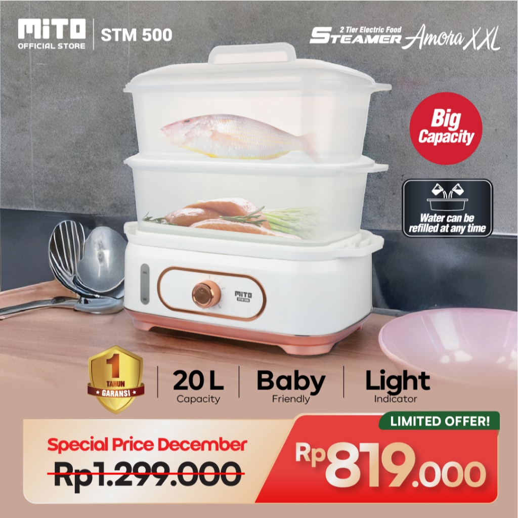 MITO Steamer Electric Food STM500 - Pengukus makanan - 20 Liter- White Gold