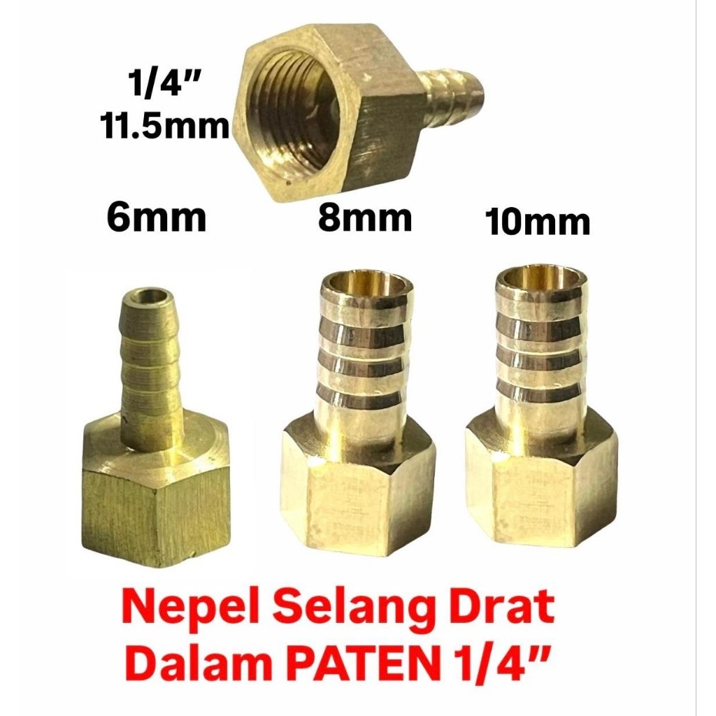 Nepel Selang Drat Dalam Kuningan 1/4" x 6mm 8mm 10mm PATEN