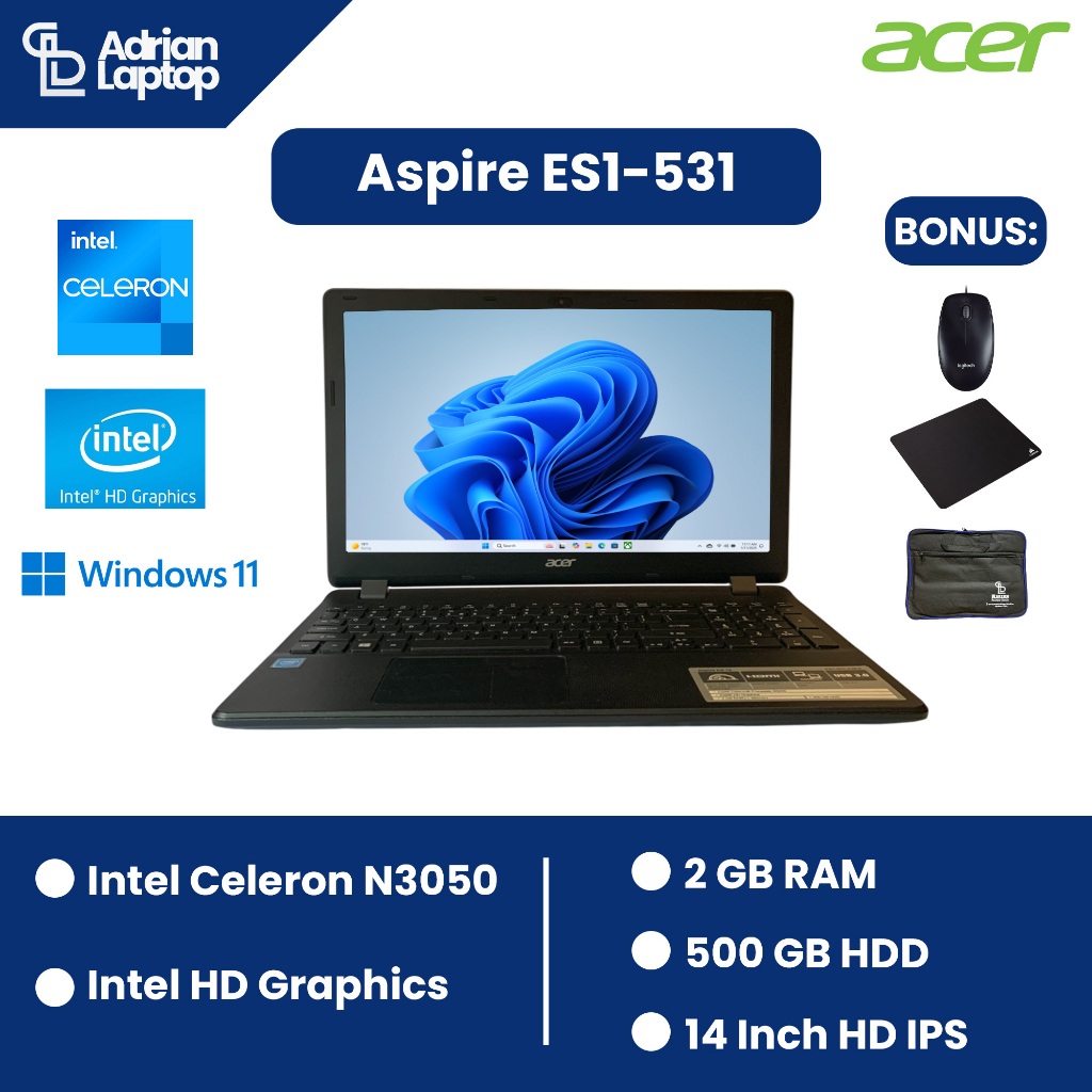 Laptop Second Acer Aspire ES 15 | Intel Celeron N3050 RAM 2 GB HDD 500 GB Layar 14 Inch | Mulus & Be