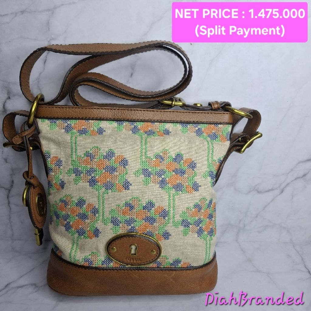 F042 - PRELOVED TAS FOSSIL VRI BUCKET BAGONG EMBROIDERY KRISTIK FULLSET