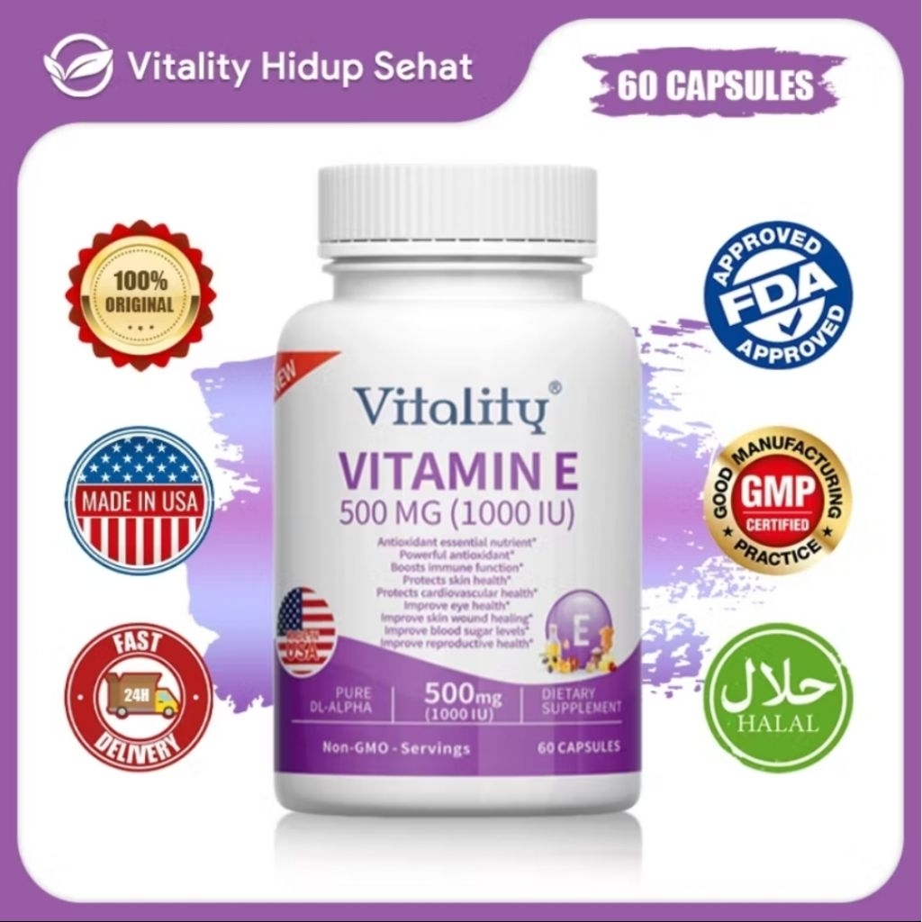 Vitamin E Vitality 500mg (1000 IU) – 60 Kapsul | Original USA | Halal | Untuk Kulit Glowing & Imun