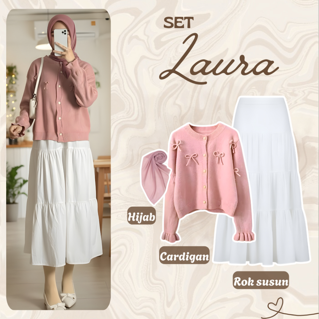 Setelan Hijab Wanita 3in1 Korean Style | Cardigan Pita Timbul Pink Rajut Premium + Rok Susun Putih H