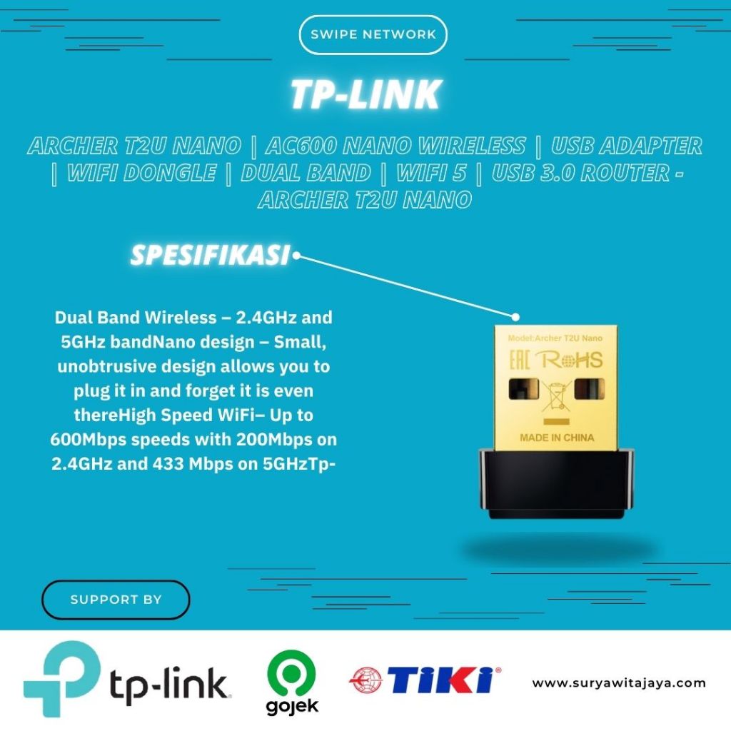 TP-LINK Archer T2U Nano | AC600 Nano Wireless | USB Adapter | WiFi Dongle | Dual Band | WiFi 5 | USB