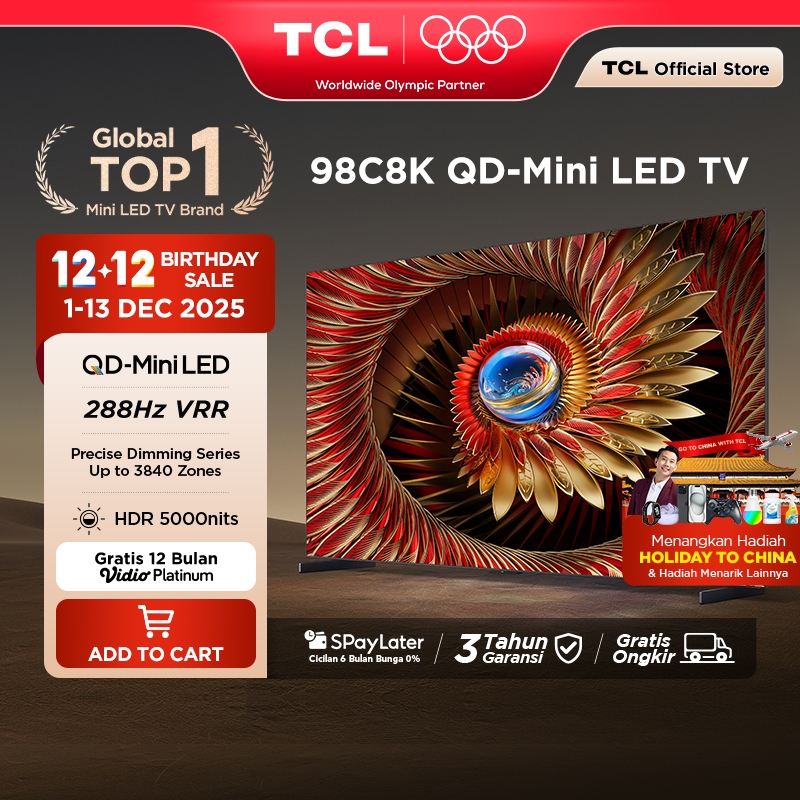 TCL 4K QD-Mini LED 98 Inch C8K - up to 3840 Dimming Zone - 5000 Nits - 288Hz VRR (Model: 98C8K)