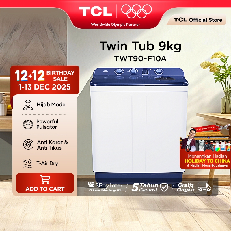 TCL Mesin Cuci 2 Tabung - Twintub 9KG - Lint Filter - Anti Karat - Anti Tikus (Model: TWT90-F10A)