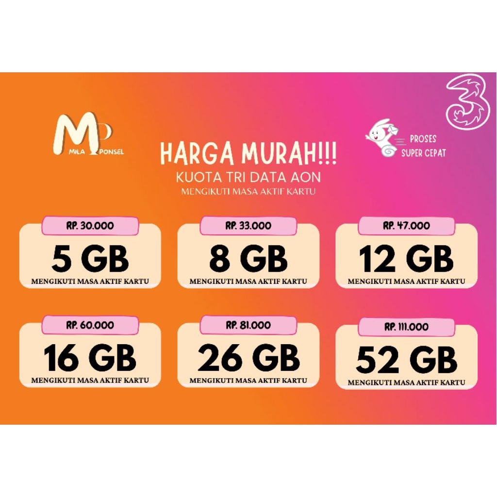 PAKET MURAH Paket Data Tri AON mengikuti masa aktif kartu