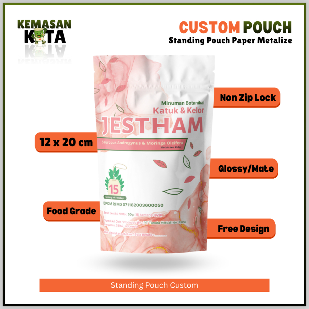 Kemasan Standing Pouch Paper Metalize Custom Full Printing Ukuran 12x20cm FREE Design NON ZIPLOCK