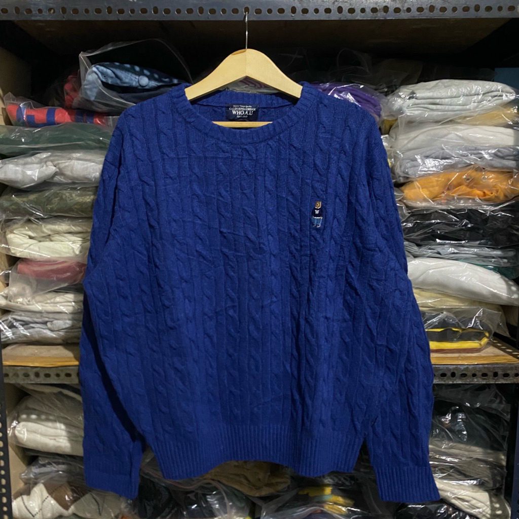 California WHO AU Bear Cable Knit Biru Size L 65x67