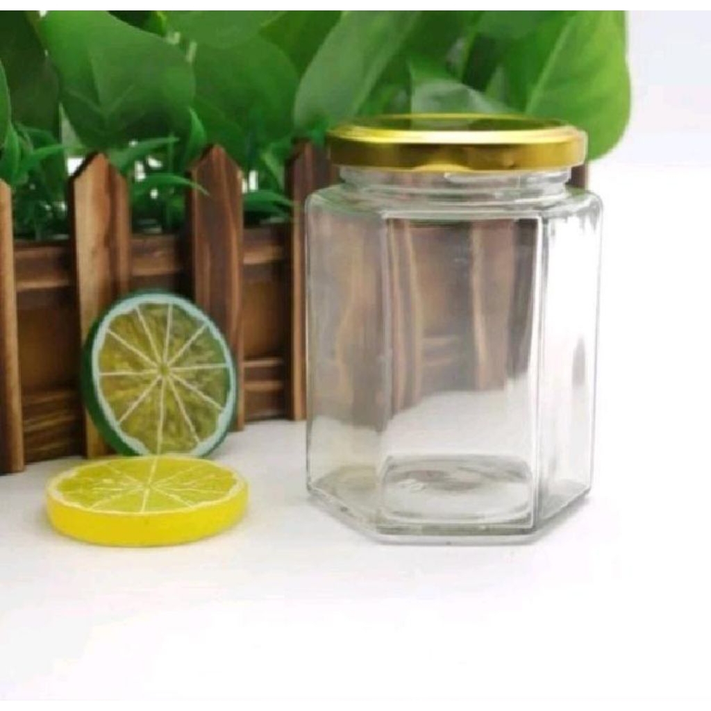 toples kaca hexagonal 80ML segi enam tutup stainless emas kuning jar kecil tempat selai madu sampel 