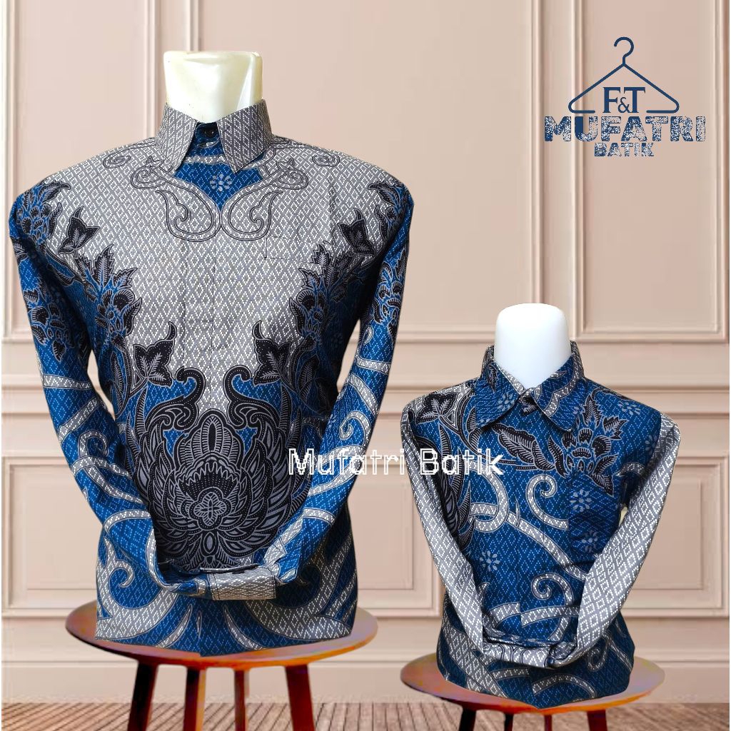 Emerald Blue Batik Couple Ayah Dan Anak Laki Laki Bahan Katun Lapis Furing Hero//batik motif elegan 