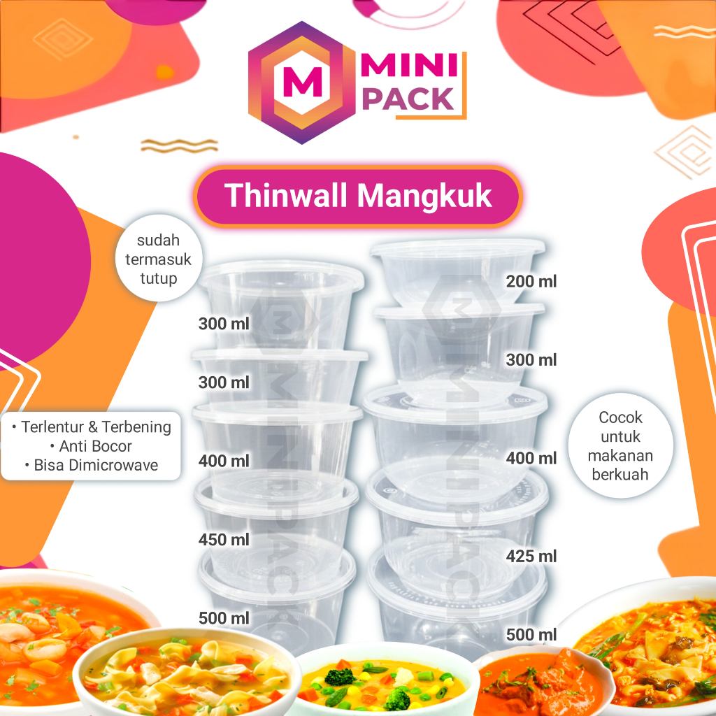 Thinwall Mangkok 200ml 300ml 400ml 425ml 450ml 500ml Wadah Bakso Mie Seblak Kuah Kotak Mika Plastik 