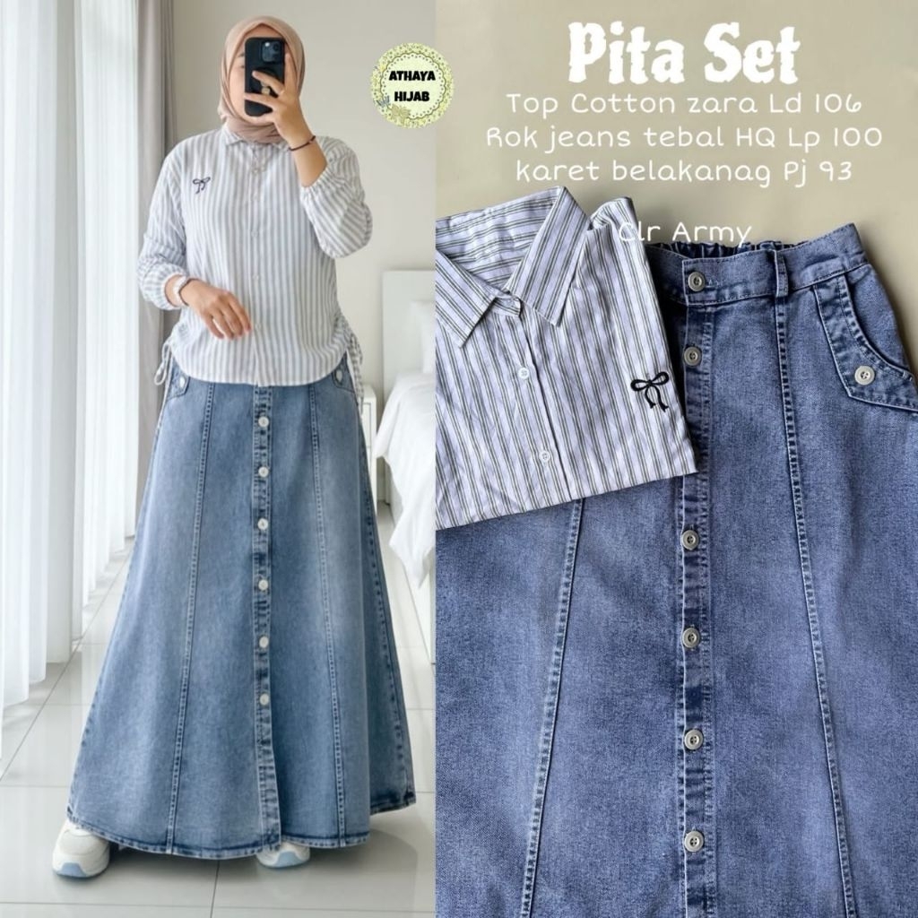 Pita Set Rok Jeans Kancing Mix Katun Salur (Athaya)